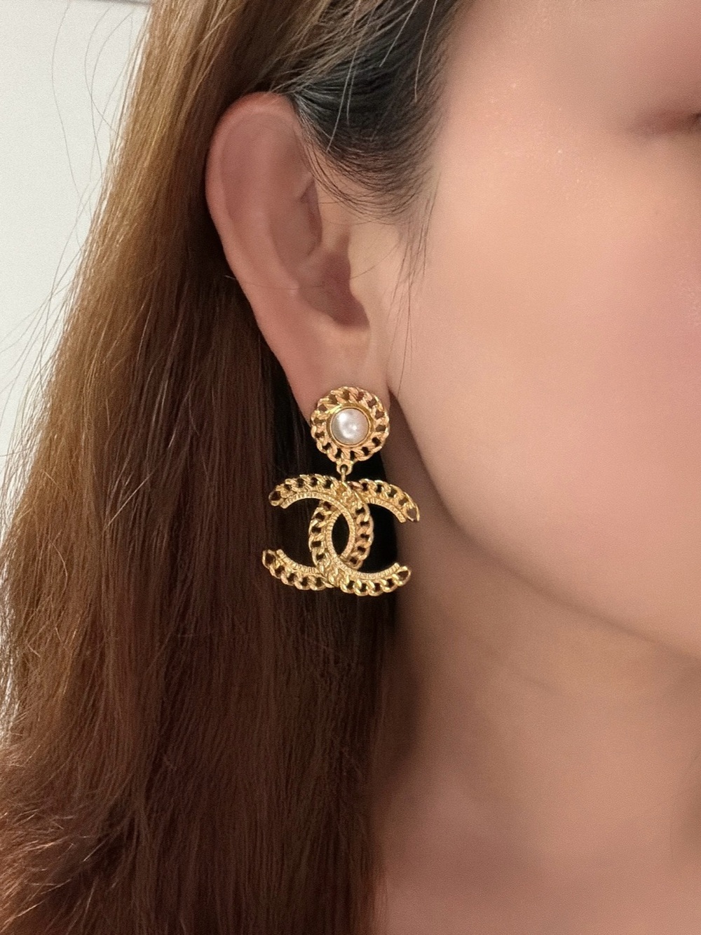 Gold Chain-Link Double C Drop Earrings with Pearl Accent